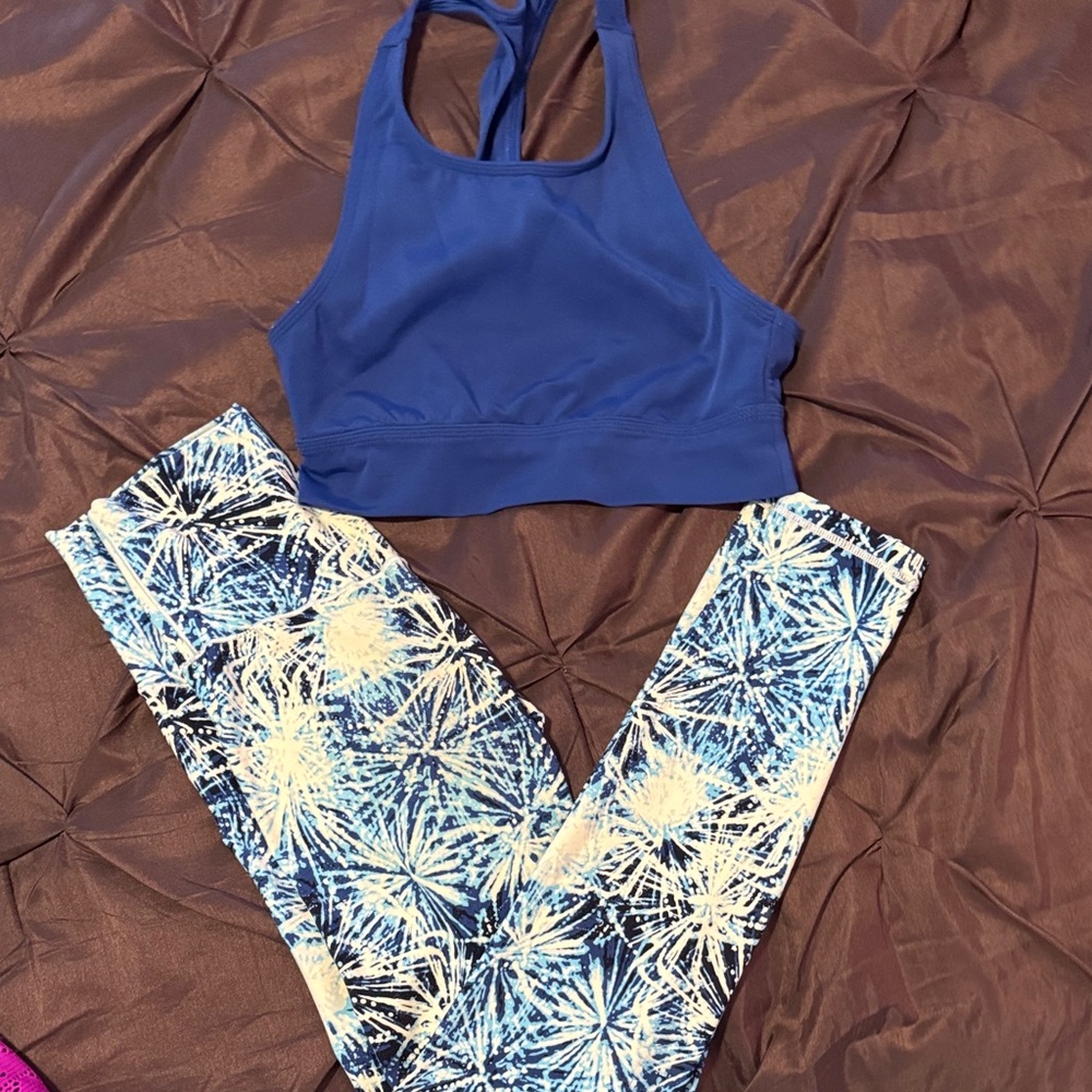 Aerie Blue Sports Bra and Patterned Leggings Set